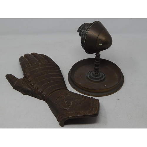 377 - WWI Exploded Shell Cap Mounted as a Paperweight Inset to Base with 1914 Penny together with a Cast B... 