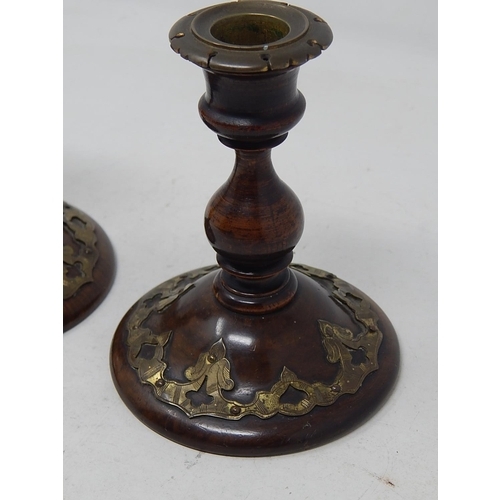 334 - Pair of Victorian Gothic Revival Walnut Candlesticks c.1870 with Cut Brass Decoration And Removeable... 