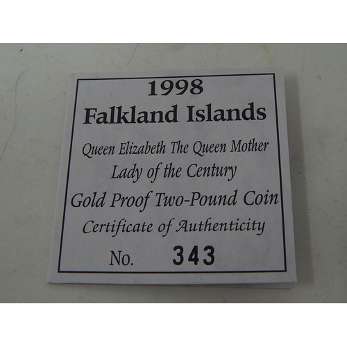 37 - Falkland Islands Lady of the Century Gold Proof Two-Pound coin dated 1998 weight 7.776 gms struck in... 