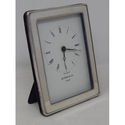 160 - Large Silver Framed Desk Clock Hallmarked London 1992 by Kitney & Co: Working when catalogued.