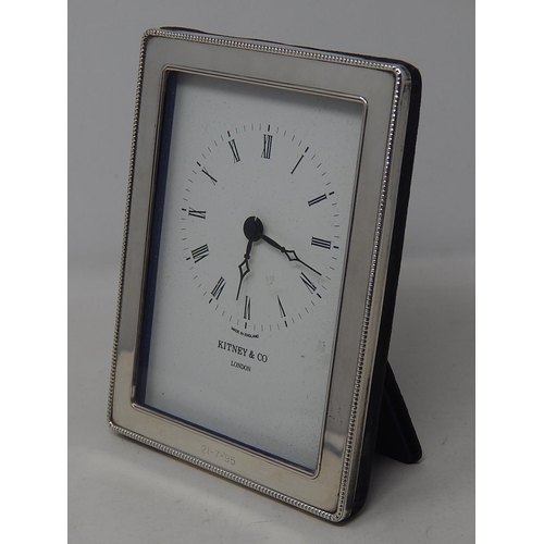 160 - Large Silver Framed Desk Clock Hallmarked London 1992 by Kitney & Co: Working when catalogued.