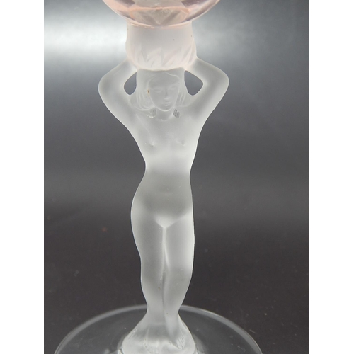 432 - Pink Bowled Glass with Frosted Glass Naked Lady Figural Stem on Conical Base: Height 16cm