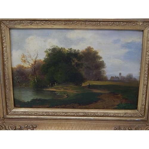 437 - 19thC Oil on panel painting of Hampstead  Heath Pond.
Frame 32cm x 24cm