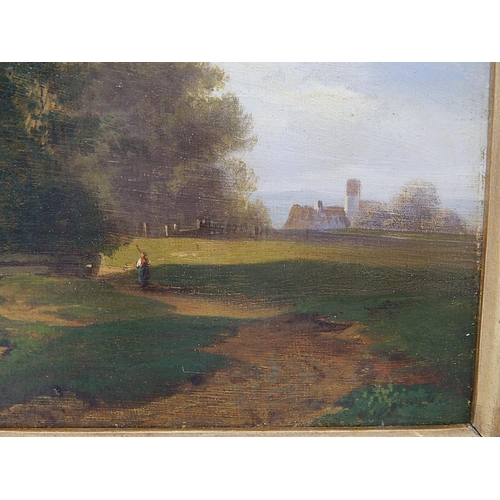 437 - 19thC Oil on panel painting of Hampstead  Heath Pond.
Frame 32cm x 24cm