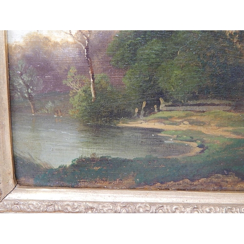 437 - 19thC Oil on panel painting of Hampstead  Heath Pond.
Frame 32cm x 24cm