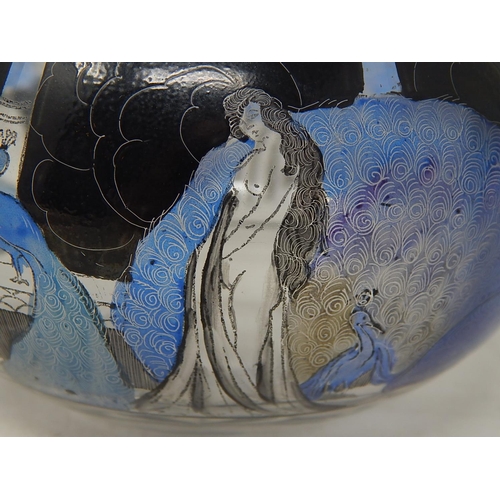 446 - Signed French Art Deco Glass Bowl Etched & Coloured with a Continuous Scene of Naked Ladies & Peacoc... 