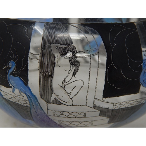 446 - Signed French Art Deco Glass Bowl Etched & Coloured with a Continuous Scene of Naked Ladies & Peacoc... 