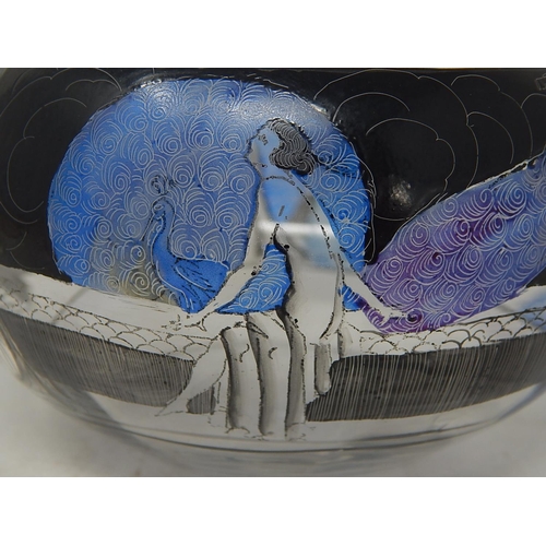 446 - Signed French Art Deco Glass Bowl Etched & Coloured with a Continuous Scene of Naked Ladies & Peacoc... 