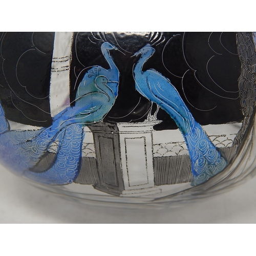 446 - Signed French Art Deco Glass Bowl Etched & Coloured with a Continuous Scene of Naked Ladies & Peacoc... 