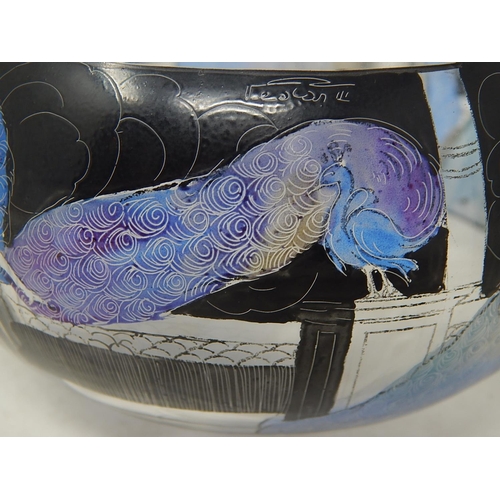 446 - Signed French Art Deco Glass Bowl Etched & Coloured with a Continuous Scene of Naked Ladies & Peacoc... 