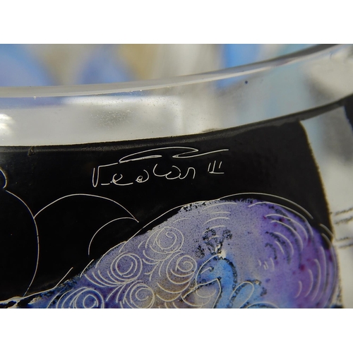 446 - Signed French Art Deco Glass Bowl Etched & Coloured with a Continuous Scene of Naked Ladies & Peacoc... 