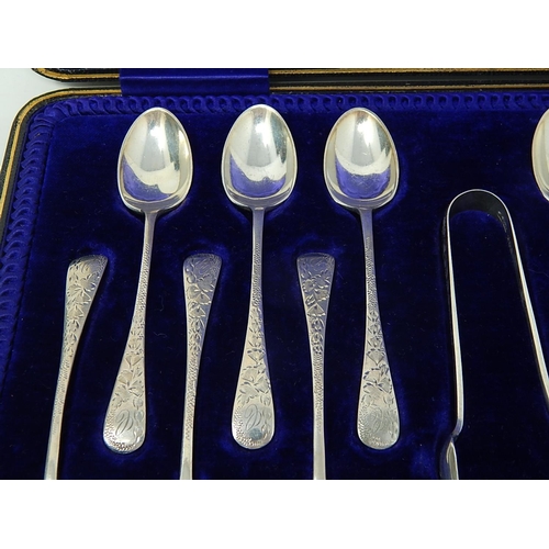 122 - Edwardian Silver Part Set of Spoons (8) & Tongs Hallmarked Sheffield 1906 by John Round in Original ... 