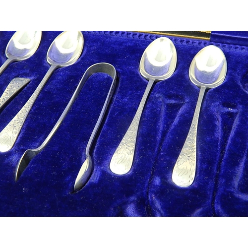 122 - Edwardian Silver Part Set of Spoons (8) & Tongs Hallmarked Sheffield 1906 by John Round in Original ... 