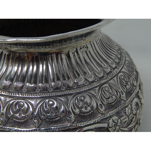 134 - Asian White Metal Vase with Intricate Decoration: Measures 11cm diameter x 9.6cm high: Weight 332g: ... 