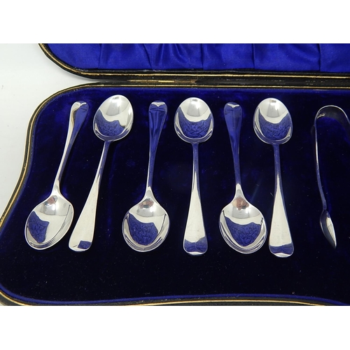 143 - Antique Set of 12 Silver Teaspoons & Tongs: Hallmarked Sheffield 1912 by William Hutton & Sons in Or... 