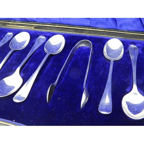 143 - Antique Set of 12 Silver Teaspoons & Tongs: Hallmarked Sheffield 1912 by William Hutton & Sons in Or... 