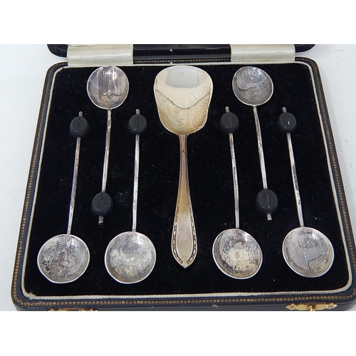 162 - Set of 6 Art Deco Silver Coffee Bean Spoons with Sugar Spoon: Hallmarked Birmingham 1931 by Angora S... 