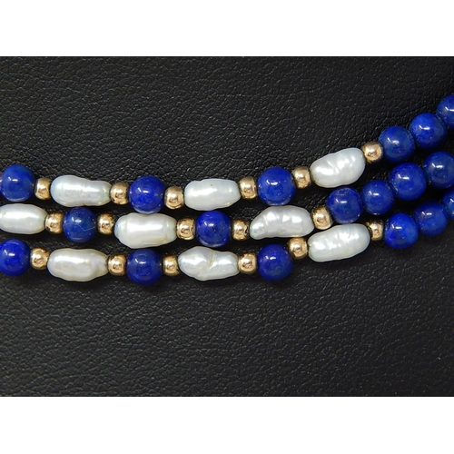 173 - 18ct Gold Hallmarked Lapis Lazuli & River Pearl Necklace in Presentation Case.