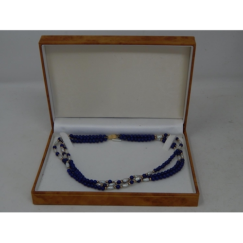 173 - 18ct Gold Hallmarked Lapis Lazuli & River Pearl Necklace in Presentation Case.