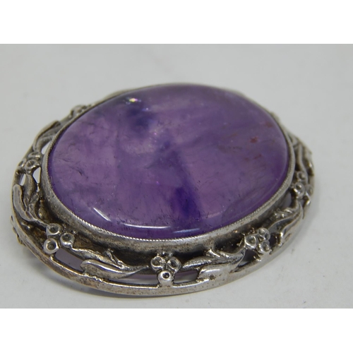 179 - White Metal Framed Amethyst? Brooch 3.2cm x 2.4cm