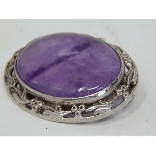 179 - White Metal Framed Amethyst? Brooch 3.2cm x 2.4cm