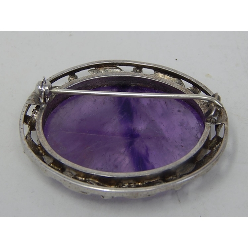 179 - White Metal Framed Amethyst? Brooch 3.2cm x 2.4cm