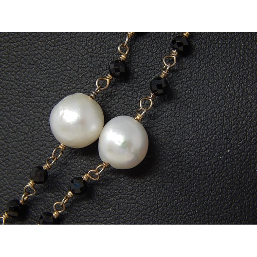 193 - Black Spinel & Pearl Station Necklace.