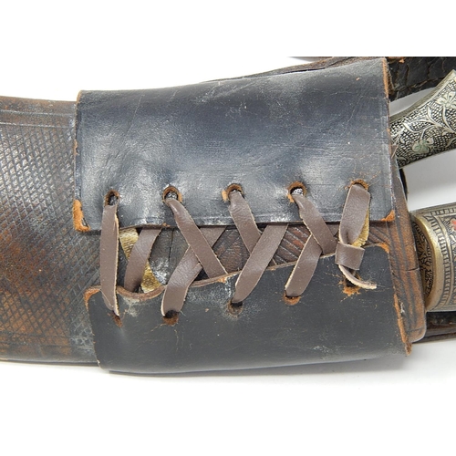 458 - Antique Kukri Knife with Leather Scabbard & White Metal Mounts.