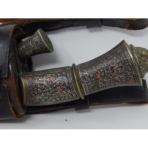 458 - Antique Kukri Knife with Leather Scabbard & White Metal Mounts.