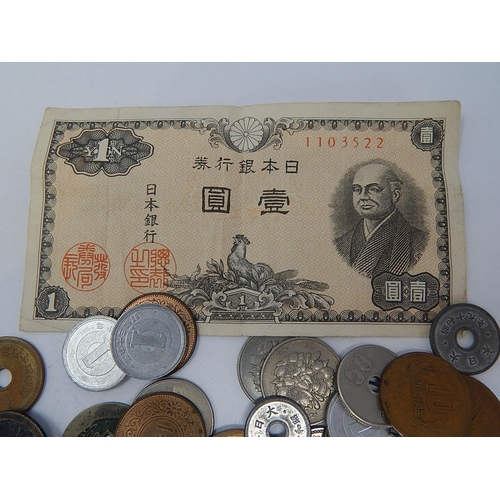 26 - Quantity of Chinese/Japanese Coins together with a 1 Yen Banknote.