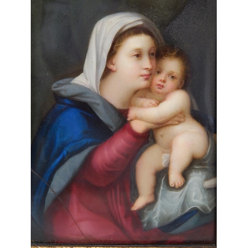 468 - Late C19th Framed Porcelain Plaque of a Mother & Child: Measuring 18.5cm x 15cm overall: A/F