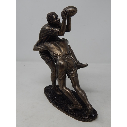 470 - Bronzed Sculpture of Two Rugby Players together with Two Rugby Nostalgia & Modern Play Books in Fold... 