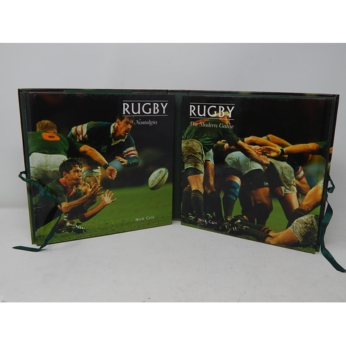 470 - Bronzed Sculpture of Two Rugby Players together with Two Rugby Nostalgia & Modern Play Books in Fold... 