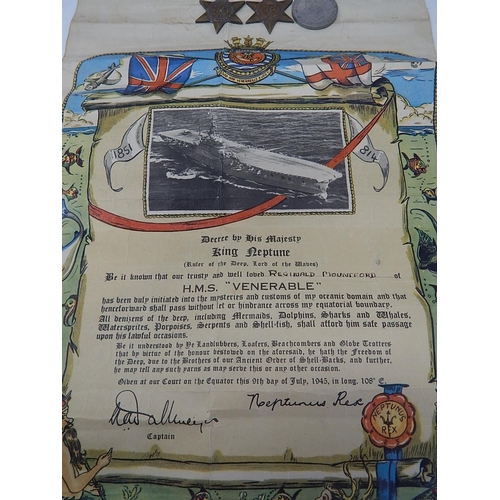 316 - WW2 Medals, Certificate, Ships Pennant H.M.S Venerable Sailor Reginald Mountford. 551669