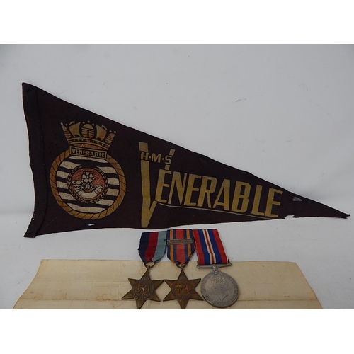 316 - WW2 Medals, Certificate, Ships Pennant H.M.S Venerable Sailor Reginald Mountford. 551669