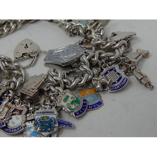 341 - Vintage .925 Sterling Silver SOUVENIR CHARM BRACELET w/ Enamel, Heartlock (131g). 986911