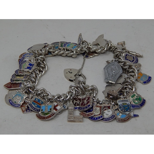 341 - Vintage .925 Sterling Silver SOUVENIR CHARM BRACELET w/ Enamel, Heartlock (131g). 986911