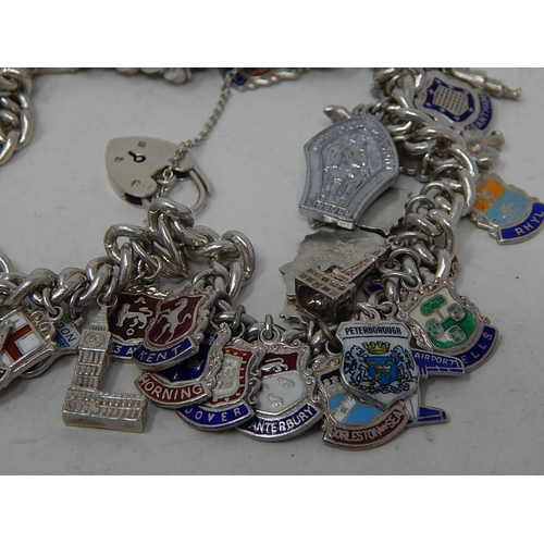 341 - Vintage .925 Sterling Silver SOUVENIR CHARM BRACELET w/ Enamel, Heartlock (131g). 986911