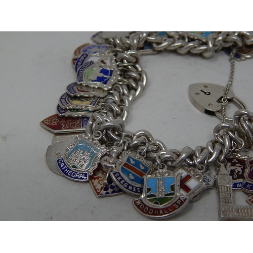 341 - Vintage .925 Sterling Silver SOUVENIR CHARM BRACELET w/ Enamel, Heartlock (131g). 986911