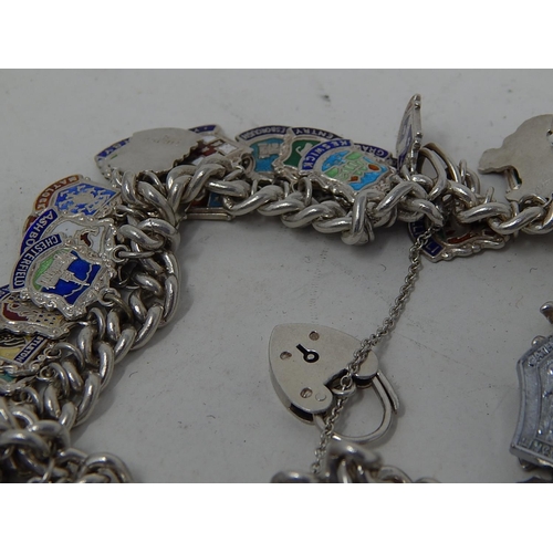 341 - Vintage .925 Sterling Silver SOUVENIR CHARM BRACELET w/ Enamel, Heartlock (131g). 986911