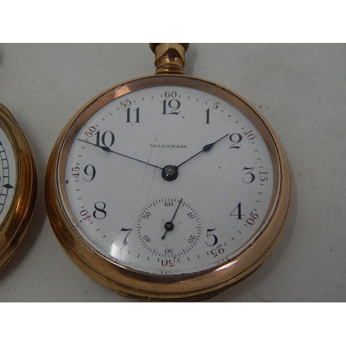 368 - 2 x Vintage Gents Rolled Gold Open Faced POCKET WATCHES Hand-Wind Inc. Waltham. 388882