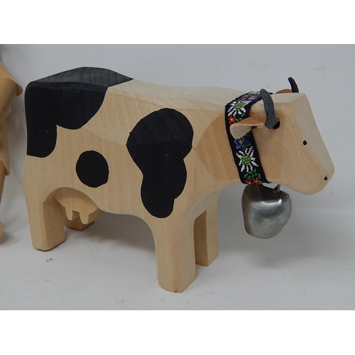 490 - 5 x Handmade Wooden Toys: Cow, Teddy Bears etc