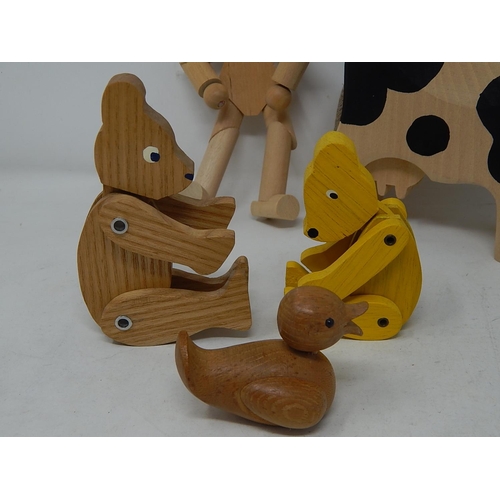 490 - 5 x Handmade Wooden Toys: Cow, Teddy Bears etc