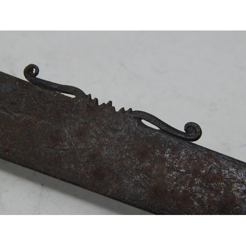 506 - RARE Head Hunters Sword from Borneo. Eban/Dayak Detailed Carving on Bone Handle: Small Tuft of Hair ... 