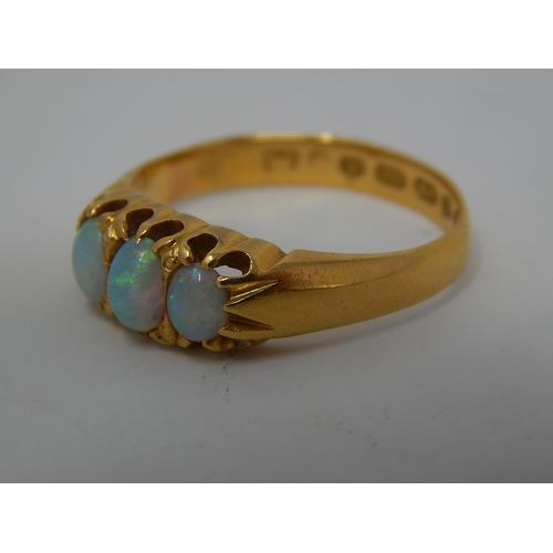 99B - Victorian 22ct Gold Ring Inset with Three Opals: Hallmarked Birmingham 1872: Weight 4.3g