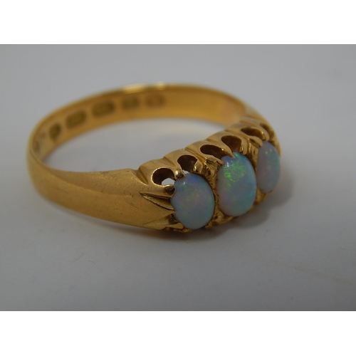 99B - Victorian 22ct Gold Ring Inset with Three Opals: Hallmarked Birmingham 1872: Weight 4.3g