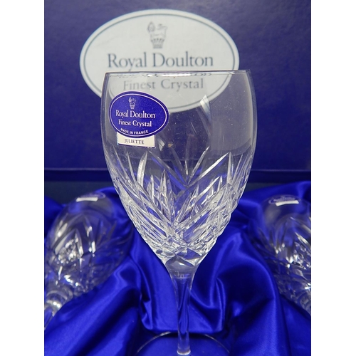 509 - ROYAL DOULTON: Six Crystal Wine Glasses in Original Fitted Case: One Royal Albert.