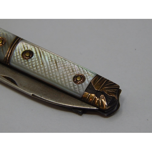 39E - 18th Century Gold Mounted & Mother of Pearl Twin Bladed Fruit Knife: One Blade Silver, The Other Ste... 