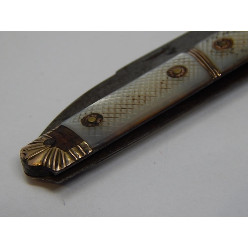 39E - 18th Century Gold Mounted & Mother of Pearl Twin Bladed Fruit Knife: One Blade Silver, The Other Ste... 