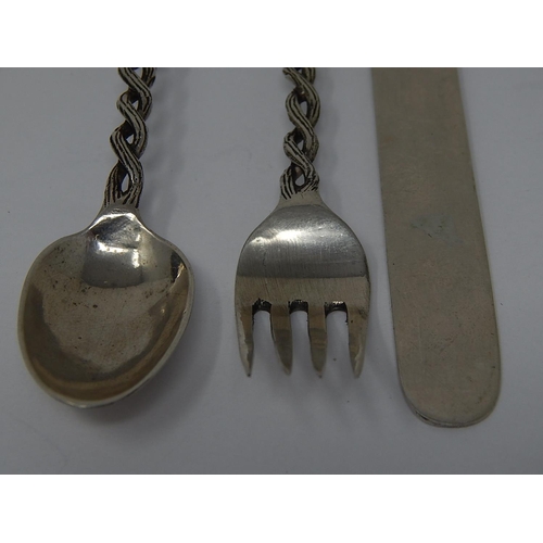 39G - Antique Chinese Silver Three Piece Christening Set Comprising Knife, Fork & Spoon: Chinese Figural T... 